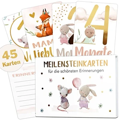 Abbildung von Olgs Baby 45 Meilensteinkarten Mädchen Gold Meilenstein Karten Set, Erinnerungskarten, Monatskarten 1 12 Monate, Milestones, Geschenkidee zur Geburt Taufe, Babyparty, Babyshower