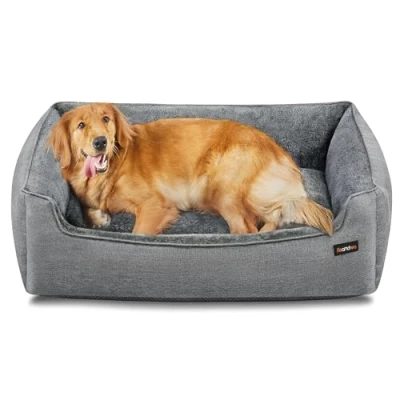 Abbildung von Feandrea Hundebett, Hundekissen in Leinenoptik, Hundekorb, erhöhte Ränder, rutschfeste Unterseite, Bezug abnehmbar waschbar, XL, für große Hunde, 110 x 75 27 cm, hellgrau PGW12GG