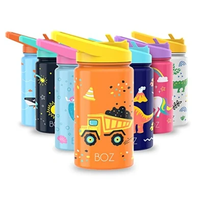 Abbildung von BOZ Kinder Trinkflasche Schule Junge Kohlensäure Geeignet Auslaufsichere Edelstahl mit Strohalm Konstruction 400 ml