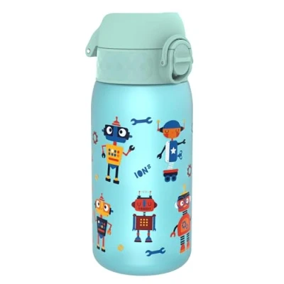 Abbildung von Ion8 Kinder Trinkflasche, 350ml, Auslaufsicher, Einhandöffnung, Sichere Verriegelung, Spülmaschinenfest, BPA frei, Tragegriff, Klappdeckel, Leicht zu Reinigen, Klimaneutral, Roboter, Design