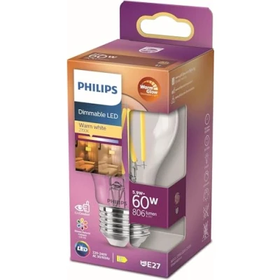 Abbildung von Philips LED Classic E27 Filament Lampe Warm Glow (60 W), dimmbare mit warmweißem Licht, energiesparende langer Nutzlebensdauer