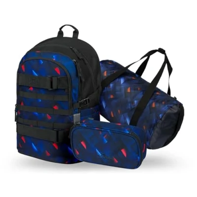 Abbildung von Baagl Schulrucksack Set Jungen 3 Teilig (Skateboard Rucksack, Mäppchen, Sporttasche), Schultasche ab 3. Klasse, Grundschule Ranzen mit Brustgurt, Ergonomischer Schulranzen, 25 l (Indigo)