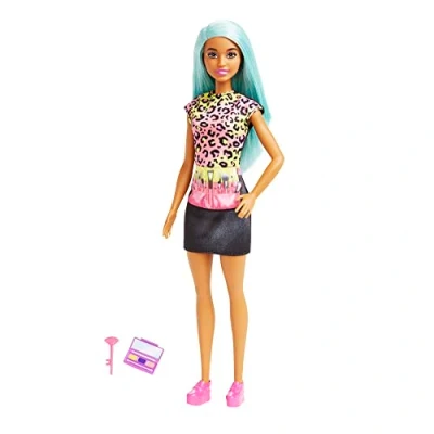 Abbildung von Barbie You Can Be Anything Serie, Visagistin, Puppe mit blaugrünem Haar, Geparden Shirt, Schminkpalette, Accessoires, inkl Puppe, Geschenk für Kinder, Spielzeug ab 3 Jahre,HKT66