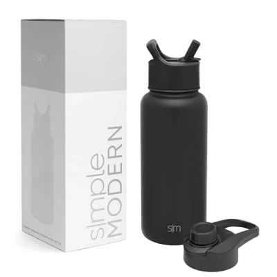 Abbildung von SIMPLE MODERN Wasserflasche mit Trinkhalm Kippverschluss Isolierte EdelstahlThermoskanne für den Sport Fitnessstudio Summit Sammlung 1L Midnight Black