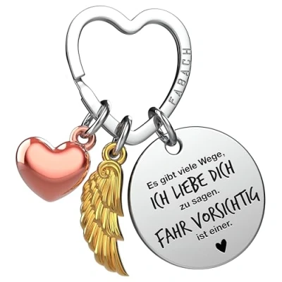 Abbildung von FABACH Fahr vorsichtig Schlüsselanhänger Auto Schutzengel Glücksbringer mit Herz und Gravur Autofahrer Geschenke Führerschein Geschenk Engel