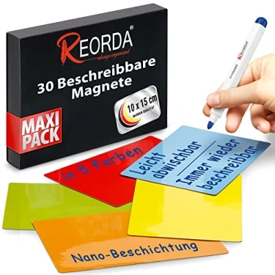 Abbildung von Reorda® Magnetstreifen beschreibbar 30 Stück wiederbeschreibbar 10 x 15cm (Bunt) Beschreibbare Magnete für Whiteboard, Kanban, Magnettafel oder als beschriftbare den Kühlschrank