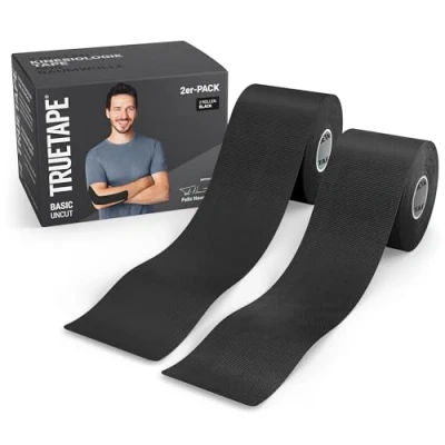 Abbildung von TRUETAPE® Kinesiotape BASIC Uncut Duo 2x Rollen (5 m x 5 cm) ungeschnitten Wasserfestes &amp; Elastisches Kinesiologie Tape Physiotape mit starker Klebekraft für Alltag Sport 2 Schwarz