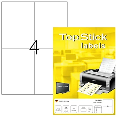 Abbildung von TopStick 8409 Universal Etiketten, 25 Blatt, 105 x 148 mm, 4 pro A4 Bogen, 100 Stück, selbstklebend, bedruckbar, matt, blanko Papier Klebeetiketten Aufkleber, weiß
