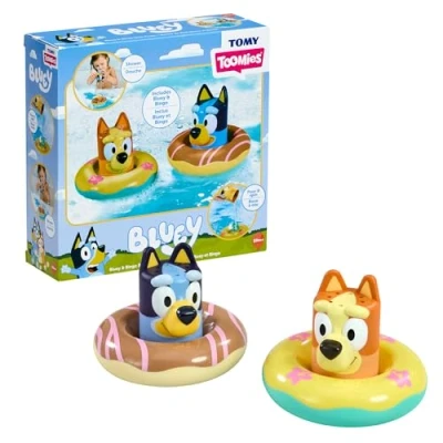 Abbildung von Tomy Toomies Badespielzeug Bluey und Bingo im Schwimmring, 2 Stück in Schwimmringen mit Wasserrädern offiziell Lizenziertes Spielzeug für Kinder ab 18 Monaten