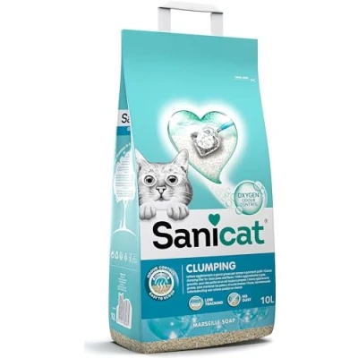 Abbildung von Sanicat Marseille Seifenduft Klumpensand : Hergestellt aus natürlichen Mineralien. Beseitigt Gerüche Absorbiert Feuchtigkeit und erleichtert die Reinigung der Katzentoilette Packungsgröße 10