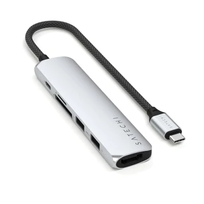 Abbildung von SATECHI 6 in 1 USB C Hub Slim Plus, Multiport Adapter, Dockingstation mit 4K HDMI, 100W Power Delivery, 2X A, SD/MicroSD Kartenleser Silber