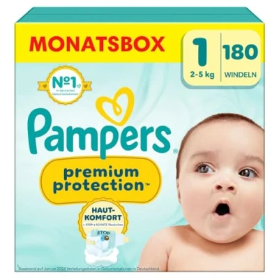Abbildung von Pampers Baby Windeln Größe 1, Premium Protection, x180, 2kg 5kg, Doppelter Schutz für Hautkomfort &amp; gegen Auslaufen