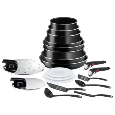Abbildung von Tefal Ingenio Easy ON Töpfe &amp; Pfannen Set, 20 teilig, stapelbar, abnehmbarer Griff, platzsparend, antihaftbeschichtet, schwarz, L1599402