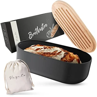 Abbildung von Vezato Brotbox Nachhaltiger Brotkasten für lange Frische Extra großer Brotkorb mit Bambusdeckel &amp; Schneidebrett Brotbehälter inkl. Brotsack