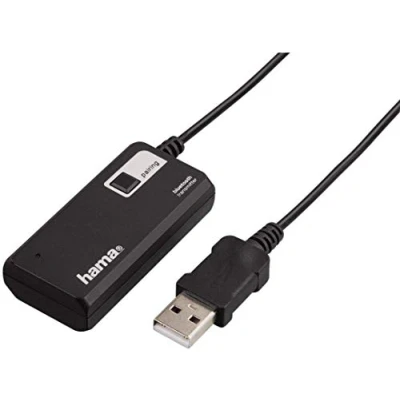 Abbildung von Hama Bluetooth Audio Sender Twin (Empfänger Adapter zur gleichzeitigen Übertragung an 2 Kopfhörer oder Lautsprecher, drahtlos BT Nachrüstung), Schwarz
