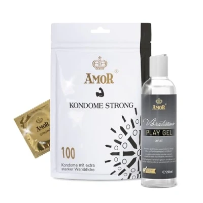 Abbildung von AMOR Premium Kondom und Gleitgel Set 100 Kondome Strong 0.08 mm, Ø 53 mm + Vibratissimo Play Gel anal 250 ml