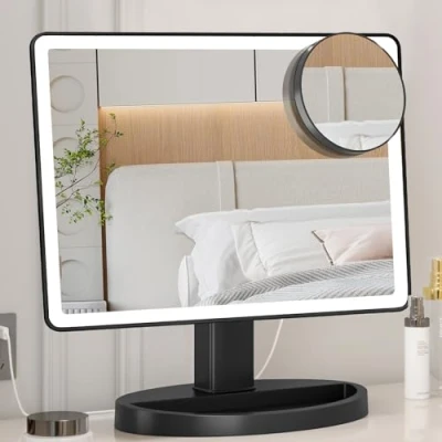 Abbildung von Großer beleuchteter Schminkspiegel (XL Modell) 3 Farb Beleuchtungsmodi Spiegel mit 88 LEDs, 360 drehbarer Touchscreen und 10 fache Vergrößerung, Tisch Kosmetikspiegel, Schwarz
