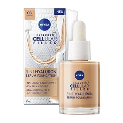 Abbildung von NIVEA 3in1 Hyaluron Serum Foundation dunkel (30 ml), Anti Age mit für eine jünger aussehende Haut, feuchtigkeitsspendende