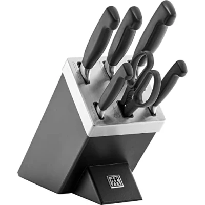 Abbildung von ZWILLING Vier Sterne Selbstschärfender Messerblock, 7 teilig, Messer und Schere aus rostfreiem Spezialstahl/Kunststoff Griff, Schwarz [Made in Germany]