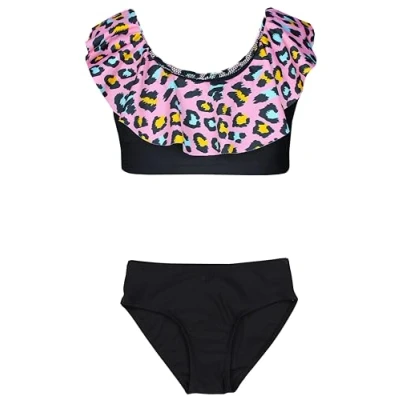Abbildung von Aquarti Mädchen Bikini Set Bustier Bikinislip Zweiteiliger Badeanzug, Farbe: 037 Rüsche Leopardenmuster Schwarz Koralle, Größe: 128