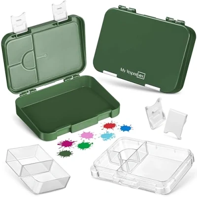 Abbildung von My Vesperbox Len Bento Box Kinder Lunchbox mit 4+2 Fächern extrem robust Brotdose Brotbox ideal für Kindergarten und Schule… (Dunkelgrün Weiß)