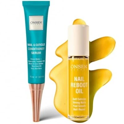 Abbildung von Onsen Secret Behandlung für beschädigte Nägel Natürliche Nagelpflege &amp; Nagelhautreparatur Sichtbare Ergebnisse perfekte Nägel, Nagelhaut Conditioner Creme 15ml Nail Reboot Oil 10ml