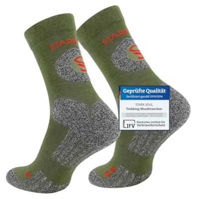 Abbildung von STARK SOUL Trekking Wandersocken für Damen &amp; Herren, 2 Paar Atmungsaktive Gepolsterte Outdoor Socken (Khaki, 39 42)