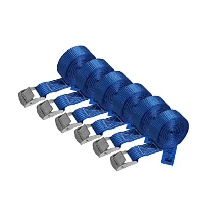 Abbildung von Zurrgurt Spanngurt Befestigungsgurt Klemmverschluss belastbar bis 250 kg DIN EN 12195 2 Befestigungsriemen blau Verschiedene Längen Stückzahlen, 6er Pack 2.5 cm x 4 m