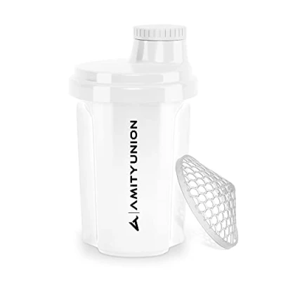 Abbildung von AMITYUNION Protein Shaker 300 ml „Heaven“ auslaufsicher, BPA frei mit einklickbarem Sieb &amp; Skala für Cremige Whey Shakes, Gym Fitness Becher Isolate Sport Konzentrate, Eiweiß in Weiss