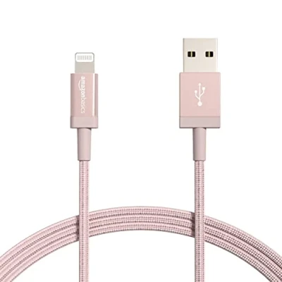 Abbildung von Amazon Basics Verbindungskabel Lightning auf USB A, Nylon umflochten, MFi zertifiziertes Ladekabel für iPhone, Rotgold, 1.8 m, 2 Stück