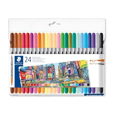 Abbildung von STAEDTLER 3200 Doppelfasermaler, zwei Spitzen für schmale und breite Linien, Etui mit 24 Doppelfasermalern in sortierten Farben, C24P