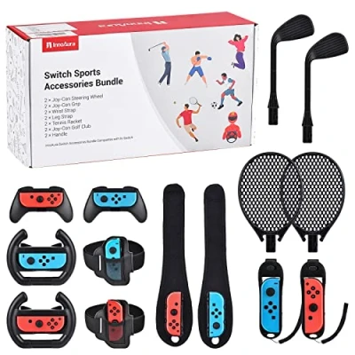 Abbildung von innoAura 14 in 1 Switch Sport Zubehör Bündel, NS Sports Bundle mit Lenkrad, Joycon Griff, Tennisschläger, Glof Club, Handgelenkriemen, Beingurt Kompatibel Switch/Switch OLED