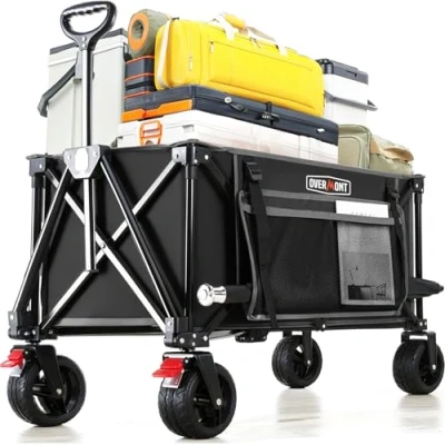 Abbildung von Overmont Faltbar Alle Gelände Bollerwagen 6 CM Breite Räder 150I großes Fassungsvermögen mit Seitentaschen Getränkehalter Verstellbarem Griff bis 150 kg Tragkraft für Camping Sport Einkaufen
