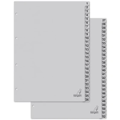 Abbildung von Kangaro Karton Register DIN A4 Zahlen 1 52. 180 g/m² recycelter Grau FSC 52 teilig