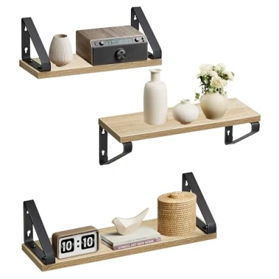 Abbildung von VASAGLE Wandregal, Schweberegal, 3er Set, Regalbrett, 2 Montagemöglichkeiten, Regal zur Präsentation, für Wohnzimmer, Küche, Arbeitszimmer, Badezimmer, eichenfarben schwarz LWS033B11