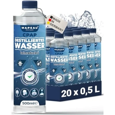 Abbildung von Mapeau 20x CPAP Wasser für Sauerstoff Geräte, Atemgasbefeuchtung, destilliertes Inhalator, Luftbefeuchter (20x 500ml)