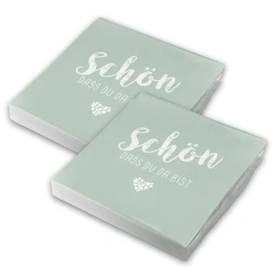 Abbildung von itenga Servietten Schön dass du da bist 30 x 30cm 3 lagig 40 Stück für Kommunion Konfirmation Hochzeit Taufe und andere Feiern (eukalyptus grün)