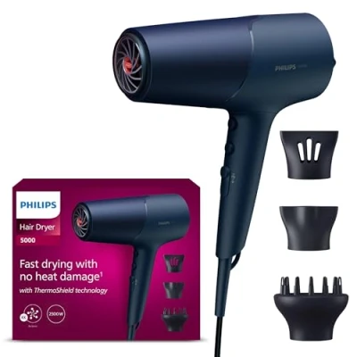 Abbildung von Philips 5000 Series Haartrockner Föhn mit ThermoShield Technologie, Volumendiffusor und 9 mm 11 Düse in Blau Metallic (Modell BHD510/20)