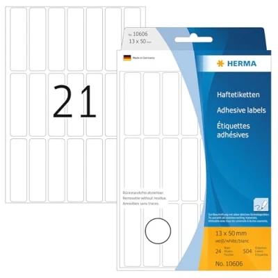 Abbildung von HERMA 10606 Vielzweck Etiketten ablösbar, 504 Stück, 13 x 50 mm, 21 pro Bogen, selbstklebend, Haushaltsetiketten zum Beschriften, matt, blanko Papier Klebeetiketten Aufkleber, weiß