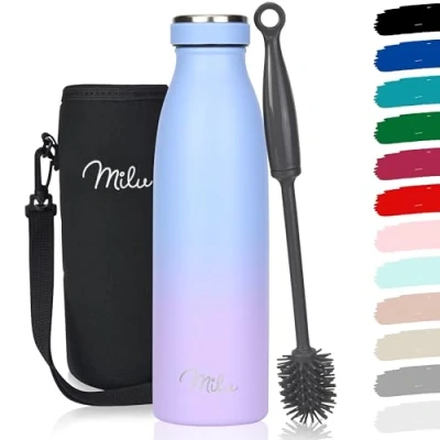Abbildung von Milu Edelstahl Trinkflasche 350ml, 500ml, 750ml, 1L, 1,5L Thermosflasche für Kinder Erwachsene auslaufsicher Isolierflasche Kohlensäure geeignet inkl. Reinigungsbürste (Blau Violett, 500ml)