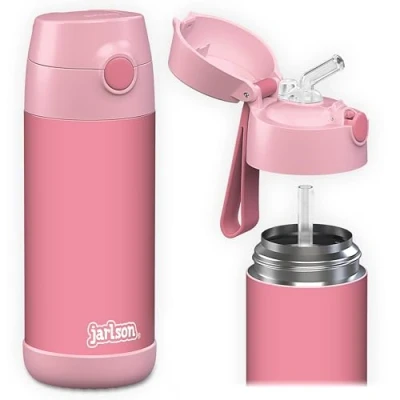 Abbildung von JARLSON® Trinkflasche Kinder Edelstahl &quot;CHARLI&quot; mit Strohhalm Thermosflasche 350ml TÜV geprüft BPA frei auslaufsicher Thermo Wasserflasche für Schule, Kindergarten Pink, 350 ml
