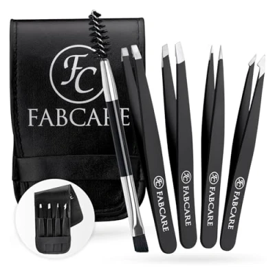 Abbildung von FABCARE Pinzette zum Augenbrauen zupfen (schräg) inkl. Etui Verbesserte Spitze Profi Augenbrauenpinzette mit Anti Rutsch Beschichtung Zupfpinzette zur Haarentfernung (Set)