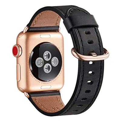 Abbildung von WFEAGL Kompatibel für Apple Watch Armband 40mm 41mm 38mm,Lederband Ersatzband Herren Damen iWatch Series 10/9/8/7/6/5/4/3/2/1,SE(38mm 41mm, Schwarz+Roségold Adapter)