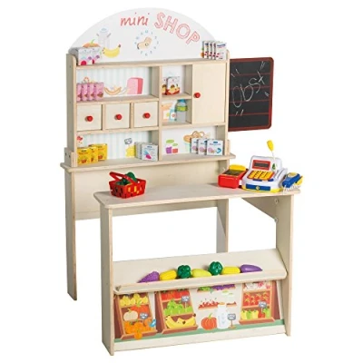 Abbildung von roba Kaufladen Minishop, inklusiv Zubehör, Kasse, Holz natur, Theke, Tafel, Schiebetür und Bedruckung, Natur Weiß