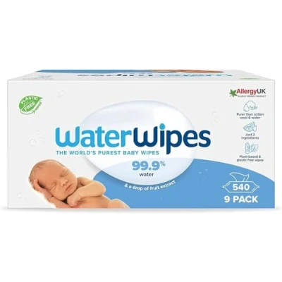 Abbildung von WaterWipes plastikfreie, originale Reinigungstücher für Babys, 540 Stück (9 Packungen), 99,9 % wasserbasierte Reingugnstücher, unparfümiert empfindliche Haut