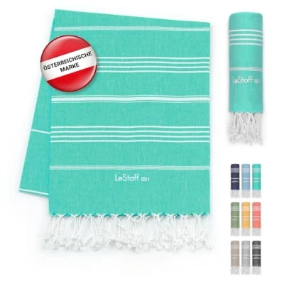 Abbildung von LeStoff Premium Hamamtuch XXL 200 x cm 100% Bio Baumwolle, Vorgewaschen, Nachhaltig, Saugstark &amp; Schnelltrocknend, Picknickdecke, Liegetuch, für Strand, Bad, Yoga, Camping Reise (Turquoise)