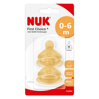 Abbildung von NUK First Choice+ Latex Trinksauger für ein natürliches Trinkgefühl kiefergerechte Form Größe 1 0 6 Monate M Milch 2 Stück