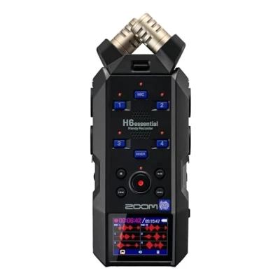 Abbildung von Zoom H6essential Handy Recorder (2024 Essential Serie), 6 Spur 32 bit, austauschbare Mikrofonkapseln (XYH 6e mitgeliefert), 4 XLR/TRS Eingänge, Musik, Podcast, Filmton, Content, barrierefrei, schwarz