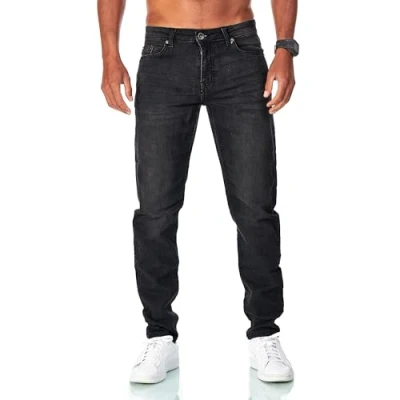 Abbildung von JEEL Herren Sweat Jeans Regular Fit Straight Cut Stretch Washed Denim Look Hose 06 Schwarz 42W / 34L