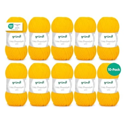 Abbildung von Gründl Lisa Premium Uni Strick &amp; Häkelgarn (weicher und wollartiger Charakter, pflegeleichtes waschbares Strickgarn aus 100% Polyacryl, 50 g/ 133 m, Nadelstärke: 3,5 4,5, 10 Knäuel á g), Gelb